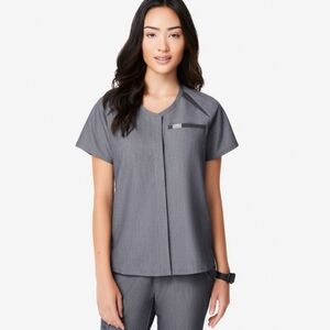 Figs Tela Scrub Top Graphite Grey Button Down Short Sleeve Shirt Womens XL